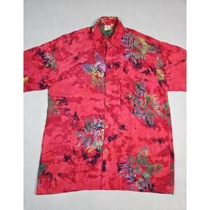 Alegre Mens Burgundy Red Tropical Floral Button Up Shirt Size Medium